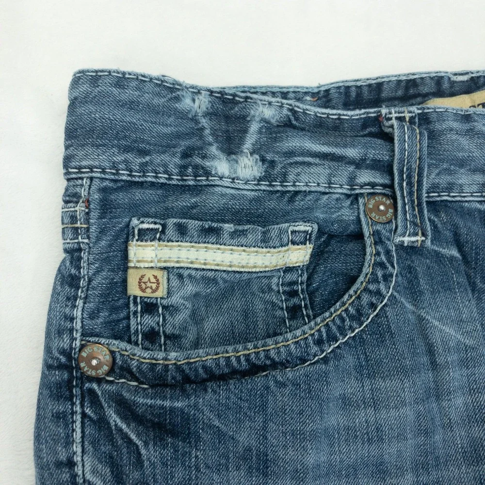 Big Star Pioneer Jeans Mens 33R Blue Distressed Boot Cut Raw Hem Buckle